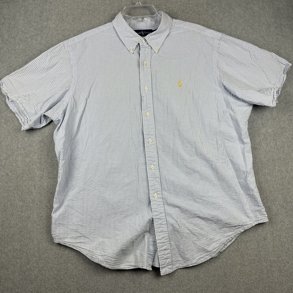 Polo‎ Ralph Lauren Shirt Mens 2XL S/S Button Up Blue Striped Seersucker Crop Fit